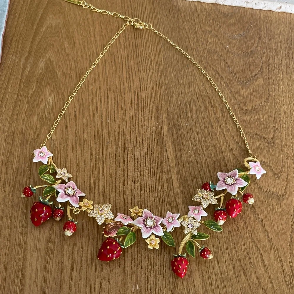 Anthropologie Pink, Red & Green Strawberry Floral Necklace - Picture 10 of 10